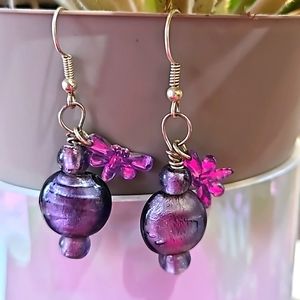 Purple Glass Earring with Butterfly ‎ Pierced Earrings
